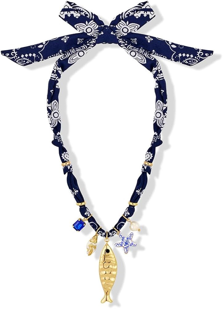 Chunky Gold Fish Pendant Necklace For Women Long Silk Scarf Turquoise Strand Necklace With Fish P... | Amazon (US)