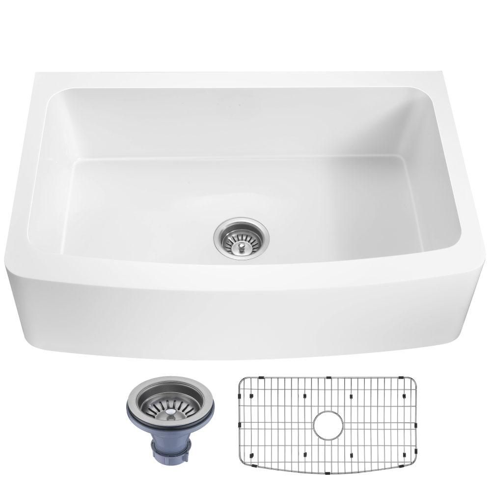 ANZZI Prisma Series Matte White Solid Surface 36 in. Single Bowl Farmhouse Apron Kitchen Sink with S | The Home Depot
