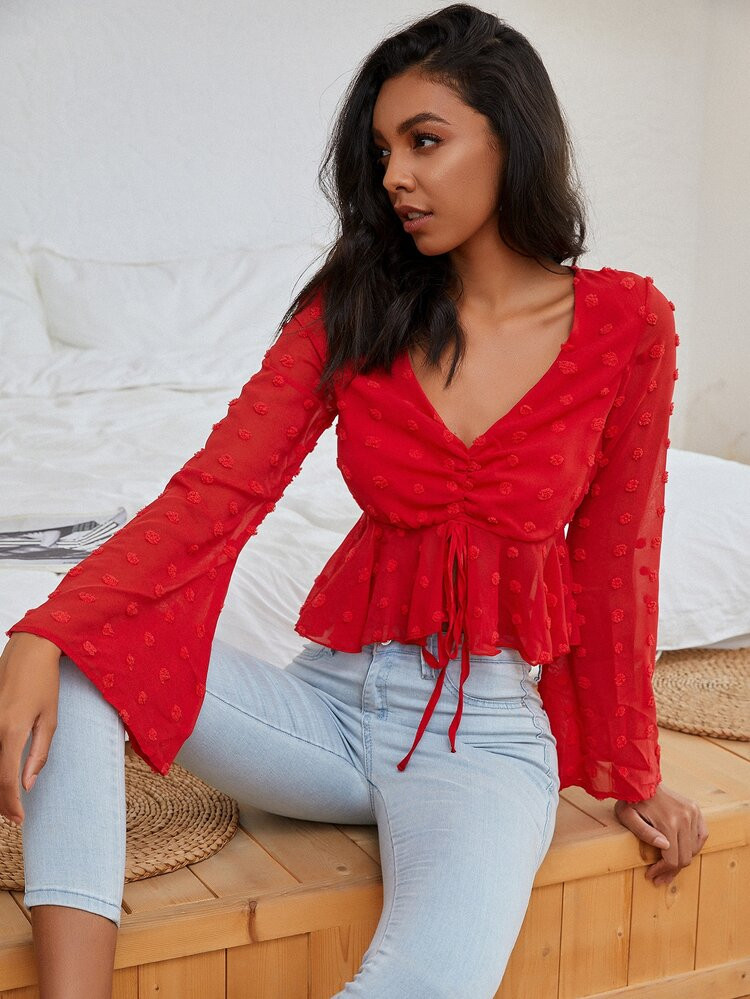 Double Crazy Neon Red Drawstring Knot Swiss Dot Top | SHEIN