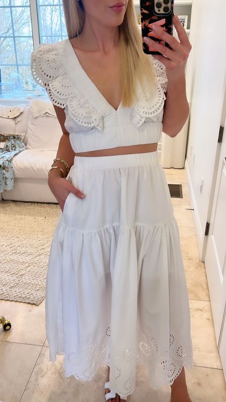 Love this eyelet matching white skirt and cropped top set. Runs Tts. I take the small in both. 

#LTKunder100 #LTKtravel #LTKstyletip