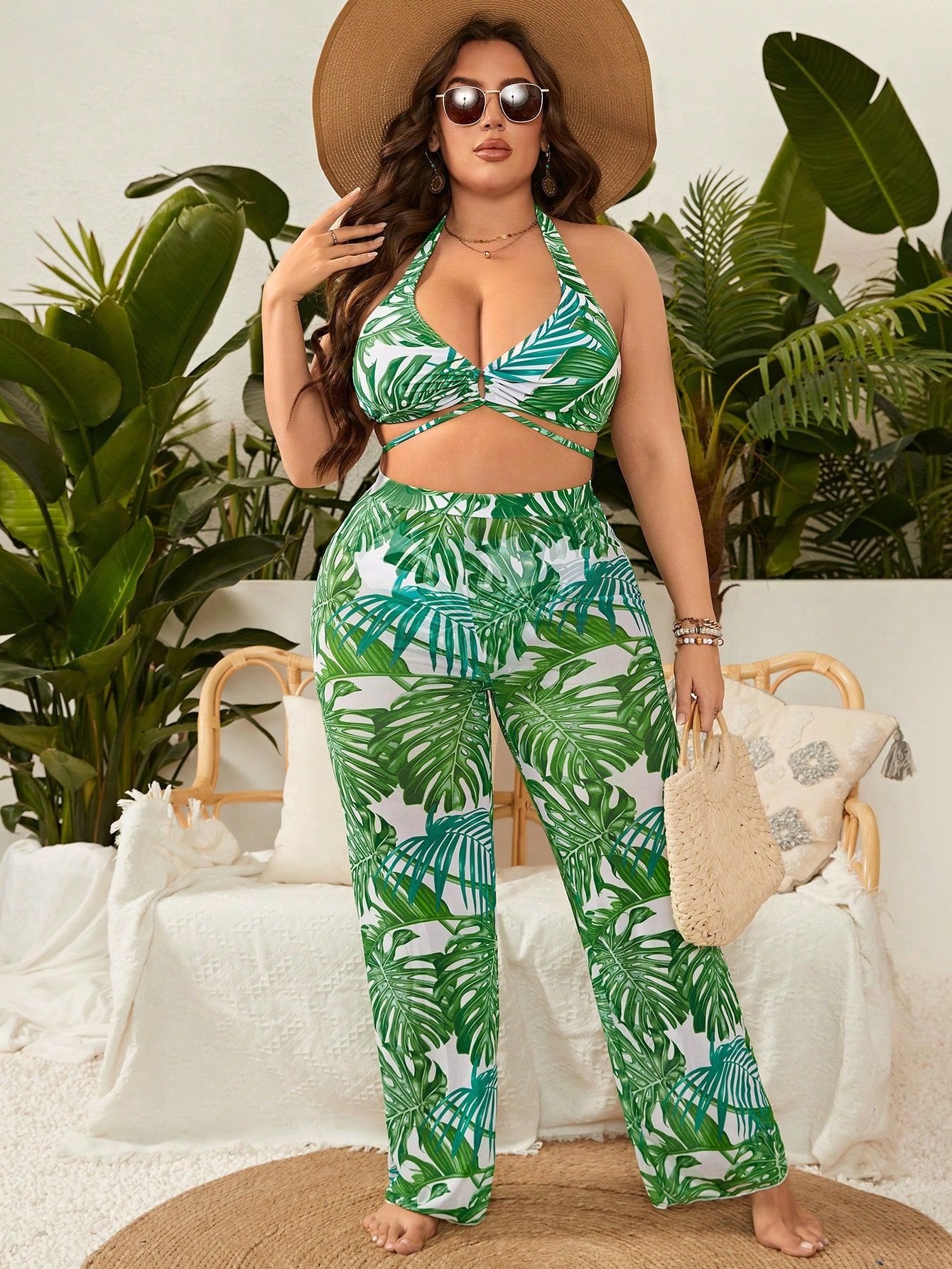SHEIN Swim Vcay Plus 3pcs Tropical Print Halter Bikini Swimsuit With Cover Up Pants | SHEIN
