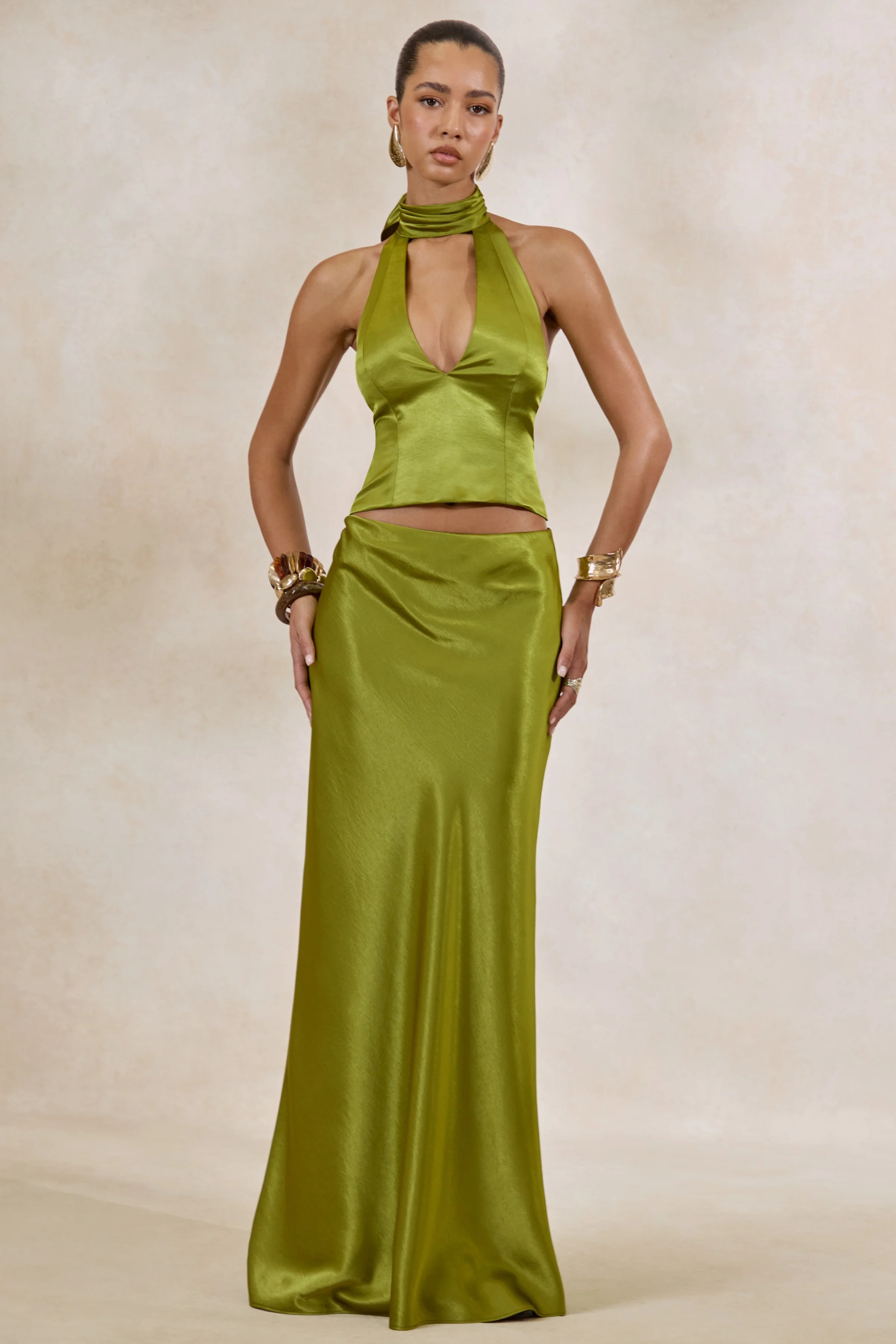 Lareina | Olive Satin Maxi Skirt | Club L London