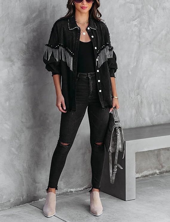 Daacee Casual Frayed Tassel Black Denim Jacket for Women Fashion Fringe Rhinestone Cowgirl Jean C... | Amazon (US)
