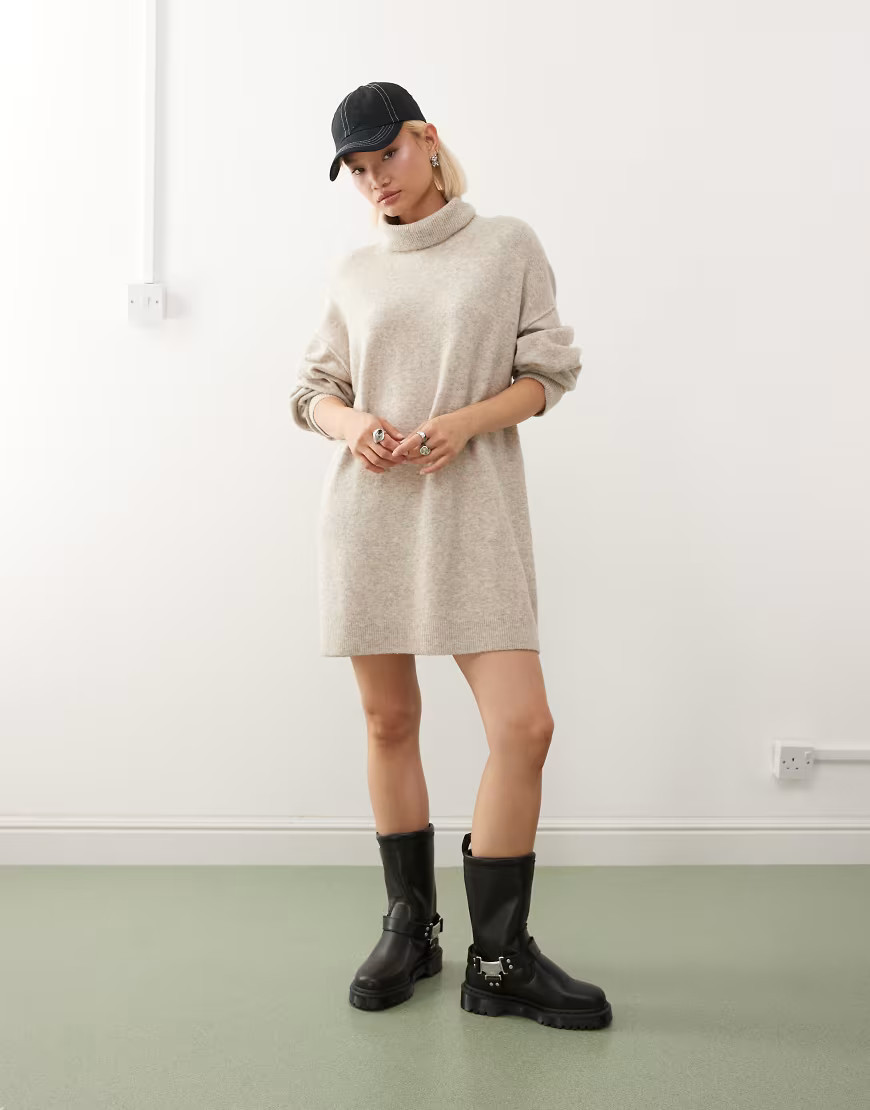 Weekday turtle neck knitted mini sweater dress in beige melange exclusive to ASOS-Neutral | ASOS (Global)