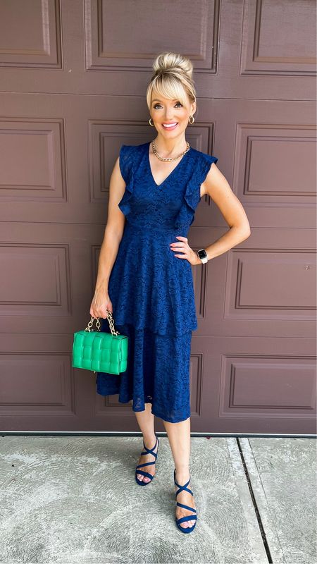 Tiered navy blue lace dress - green quilted bag - strappy navy shoes - wedding guest dress - church dress - church outfit - Amazon Fashion - Amazon Finds - Bottega Venetta 

#LTKunder50 #LTKSeasonal #LTKitbag