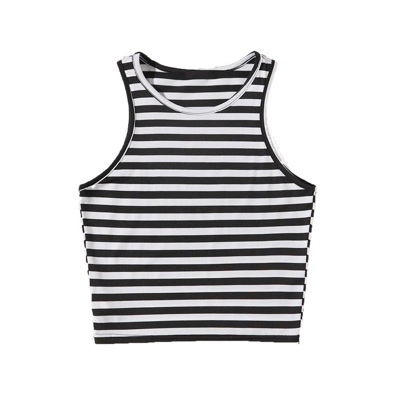 Women's Blouses & Tee Crop Slight Stretch Striped Casual Striped Tank Round Neck Black and White ... | Walmart (US)