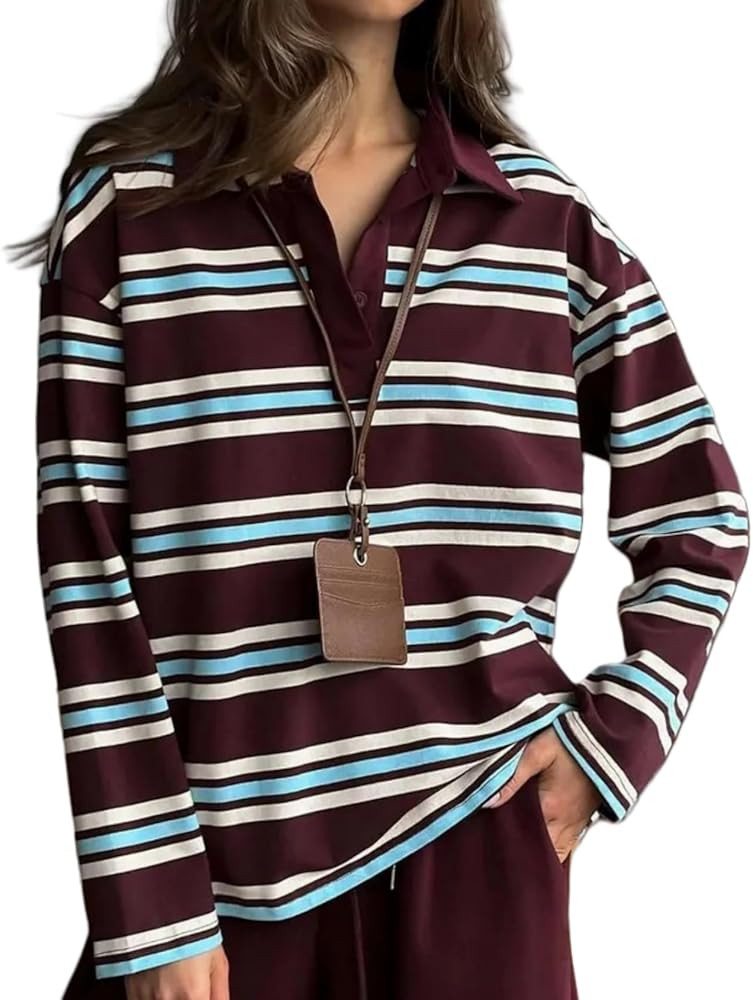 Perbai Women's Rugby Striped Polo Shirt Casual Collared V Neck Button Long Sleeve Y2k Sweatshirt ... | Amazon (US)