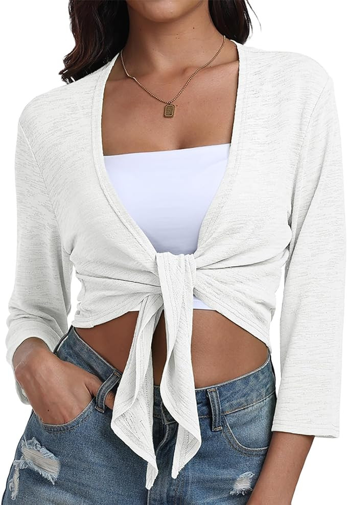 PrinStory Women's Tie Front Shrug 3/4 Sleeve Bolero Cardigan Lightweight Summer Casual Short Shaw... | Amazon (US)