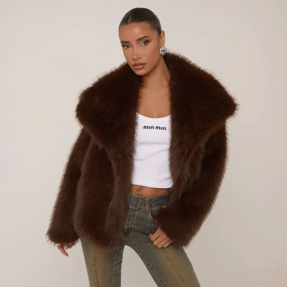 Oversized Collared Cropped Jacket In Chocolate Brown Faux Fur | EGO (UK)