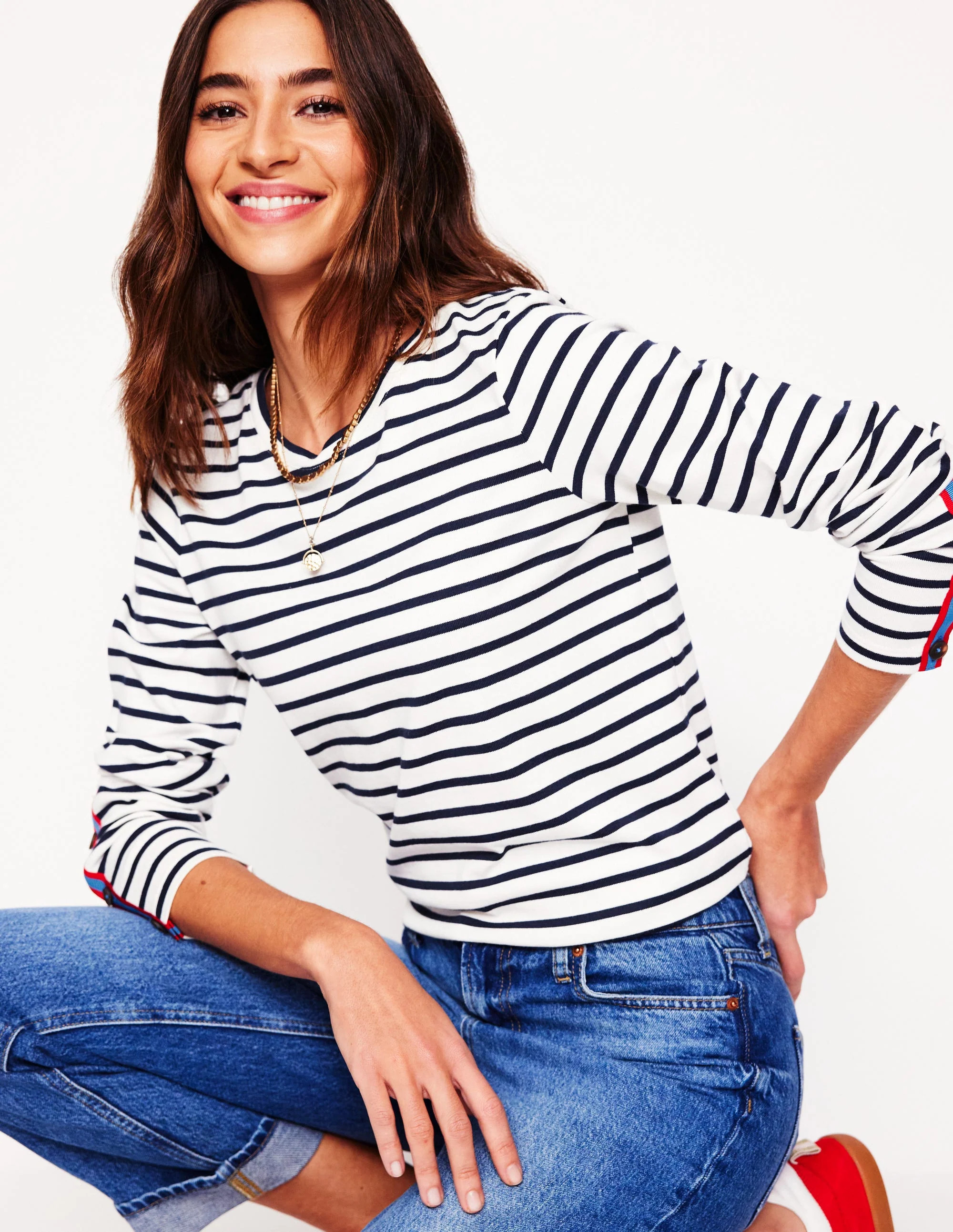 Button Cuff Marina Breton-Ivory, French Navy Stripe | Boden (US)