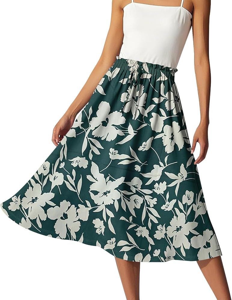 GOFULY Skirts for Women Midi Length Trendy Summer Print A Line Skirt Knee Drawstring Elastic High... | Amazon (US)