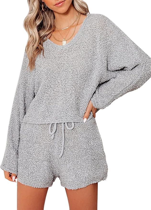 luvamia Womens Casual Pajamas Knit Sweatsuits Long Sleeve Tops and Shorts Loungewear Sets | Amazon (US)