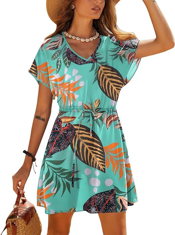 Ekouaer Womens Swimsuit Coverup Short Sleeve Beach Cover Up Dress V Neck Bikini Beachwear | Amazon (US)