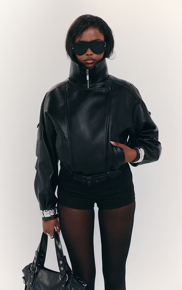 Long Sleeve Belted Biker Jacket In Black Faux Leather | EGO Shoes (US & Canada)