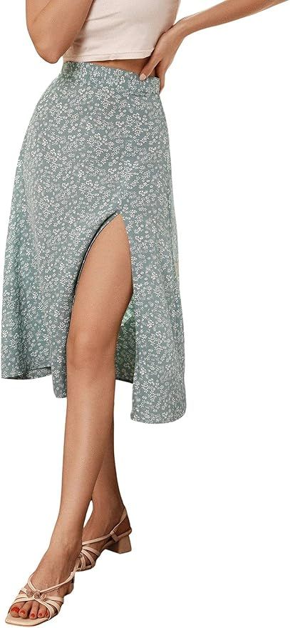 SheIn Women's Boho Split Floral Skirt Thigh High Waist Swing A Line Midi Skirt | Amazon (US)