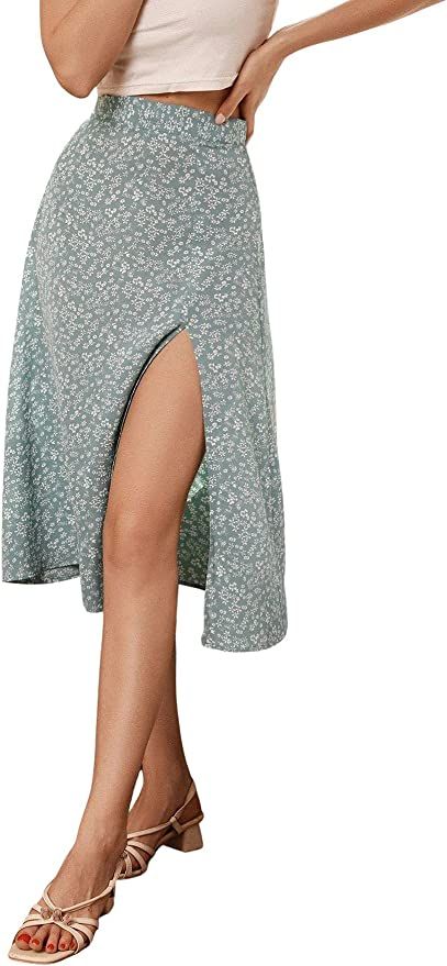 SheIn Women's Boho Split Floral Skirt Thigh High Waist Swing A Line Midi Skirt | Amazon (US)