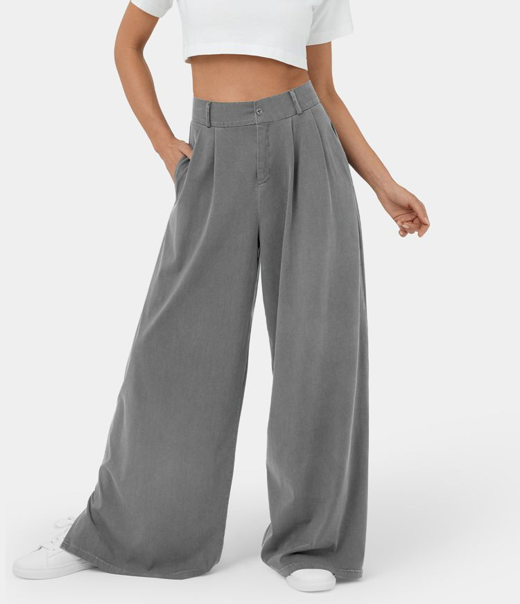 Women’s  High Waisted Button Zipper Plicated Side Pocket Split Hem Wide Leg Casual Pants - Hala... | HALARA