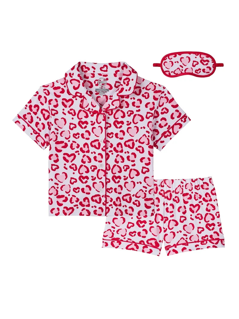 Wonder Nation Girls Short Sleeve Button Front Pajama Top and Shorts Set with Eyemask, 3-Piece, Si... | Walmart (US)