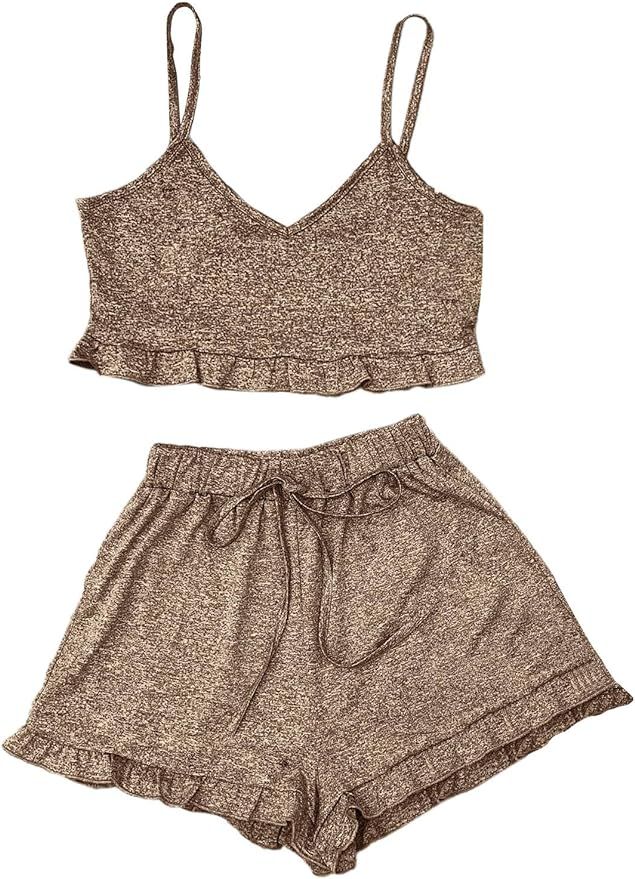 SheIn Women's 2 Pieces V Neck Cami Crop Top and Frill Trim Shorts Pajama Set Outfit | Amazon (US)