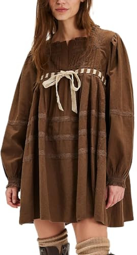 Women Bow Tie Mini Babydoll Dress Spring Cute Embroidery Floral T-Shirt Dress Y2k Long Sleeve Sho... | Amazon (US)