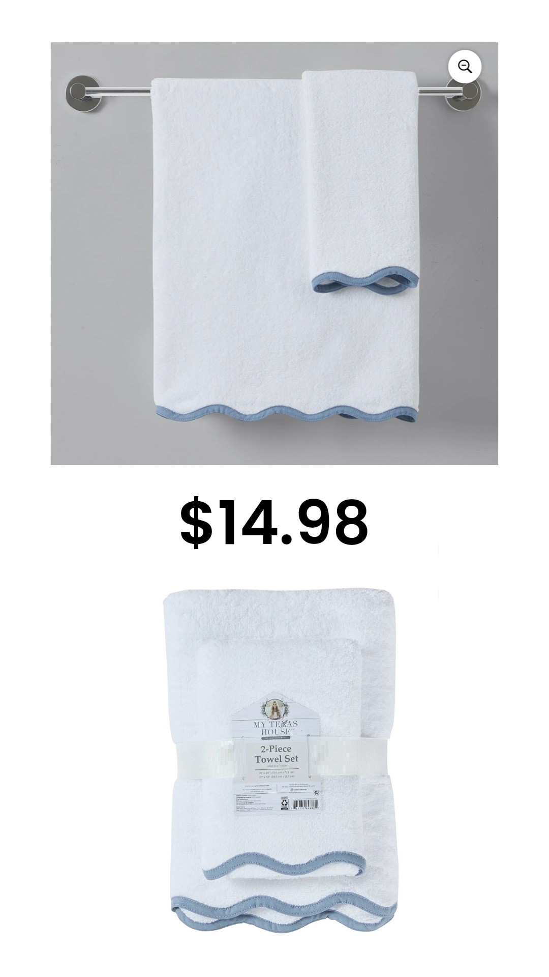 Hurry, these will sell out. Full-size bath towel and hand towel. White terry cloth with blue scallop trim. Only $14.98. Such a steal! These are inspired by Weezy towels, which sell for almost $100. ￼
