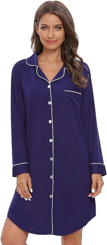 Nightgown Women Nightshirt Long Sleeve Sleep Shirts Boyfriend Sleepwear Button Down Sleep Dress S... | Amazon (US)