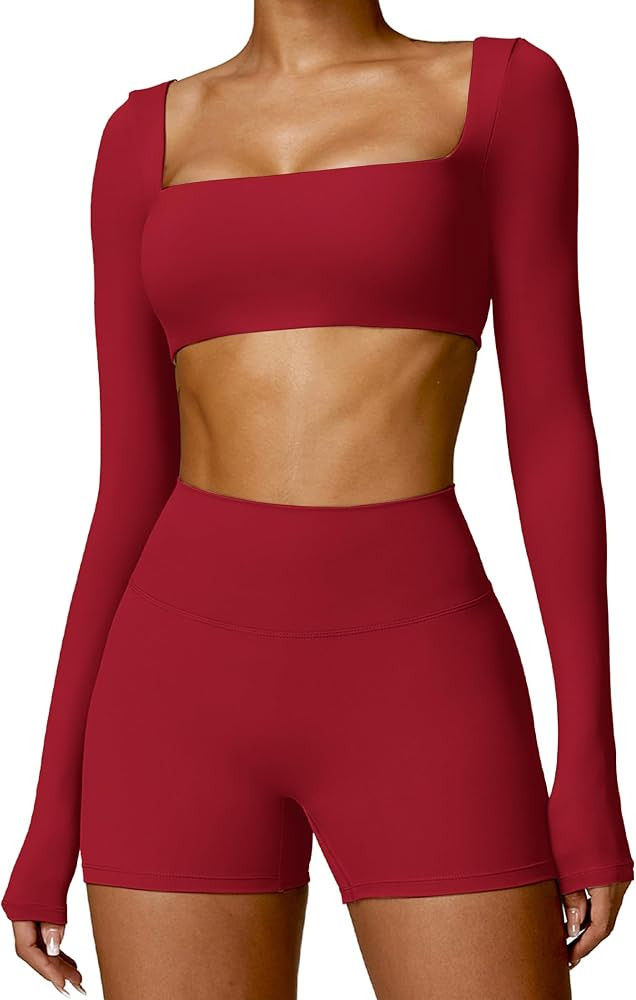 ABOCIW Workout Sets for Women 2 Piece Square Neck Long Sleeve Crop Tops High Waist Biker Shorts G... | Amazon (US)