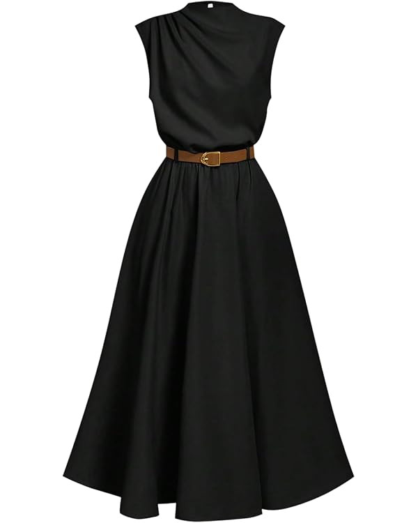 OYOANGLE Women's Mock Neck Ruched Belted Dress Button Back Elegant Flared Sleeveless A Line Long ... | Amazon (US)