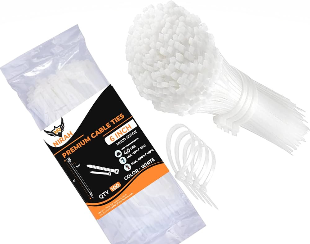 Nirah White Zip Ties 6 Inch (100 Pk) 40 lb, Self Locking Small Zip Ties White Nylon Cable Ties fo... | Amazon (US)