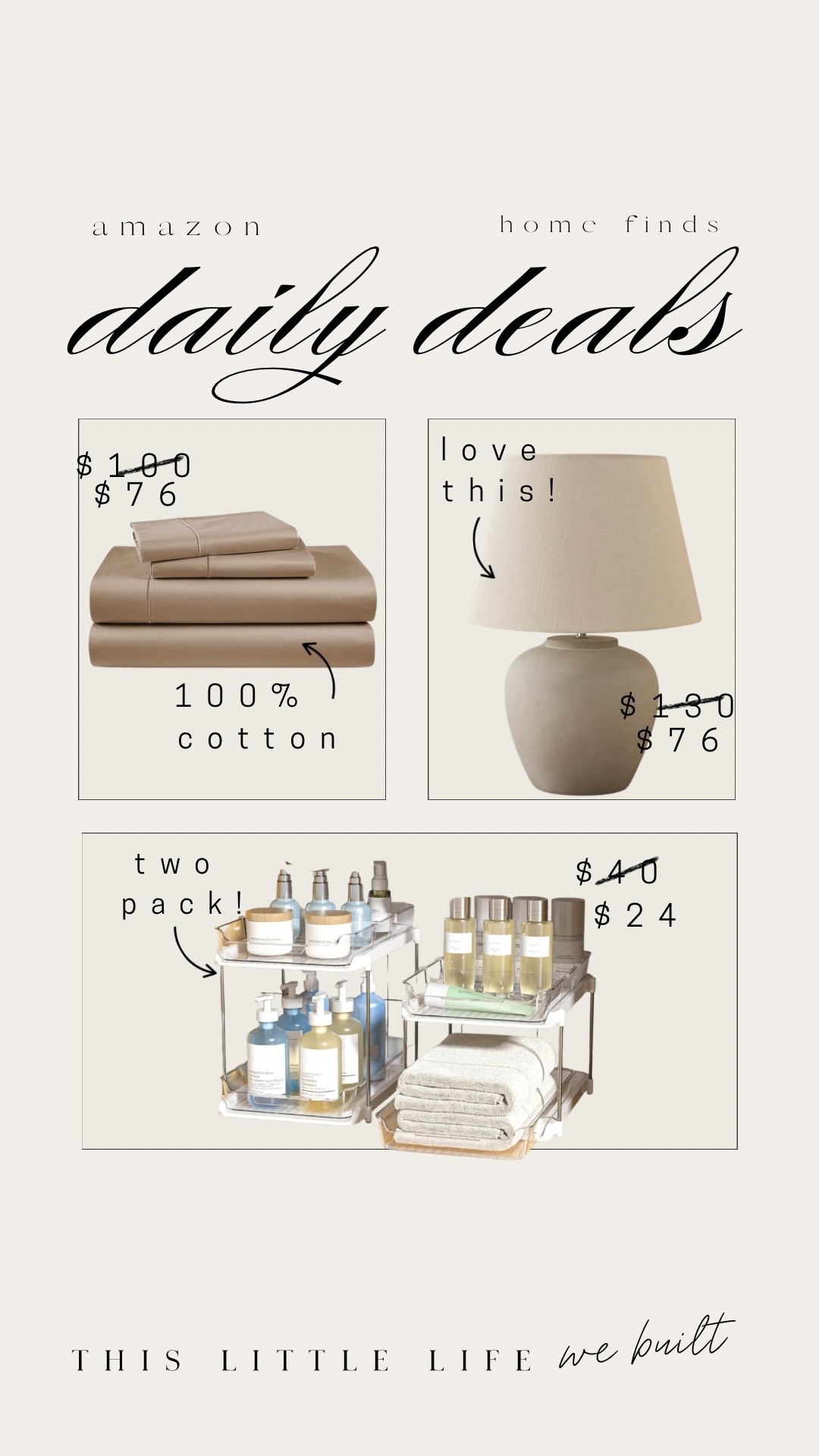 Amazon daily deals! 

Lamp, Egyptian cotton sheets, organizers, Amazon home, affordable home, home decor, bedroom finds, bedding 

#LTKSeasonal #LTKHome #LTKSaleAlert