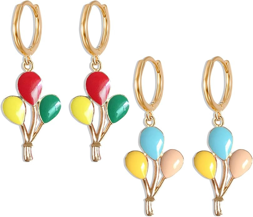 2 Pairs Gold Cute Colorful Enamel Balloons Hypoallergenic Hoop Dangle Drop Earrings Set for Women | Amazon (US)