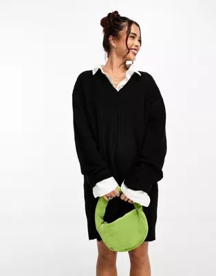 ASOS DESIGN knitted sweater mini dress with v neck in black | ASOS (Global)