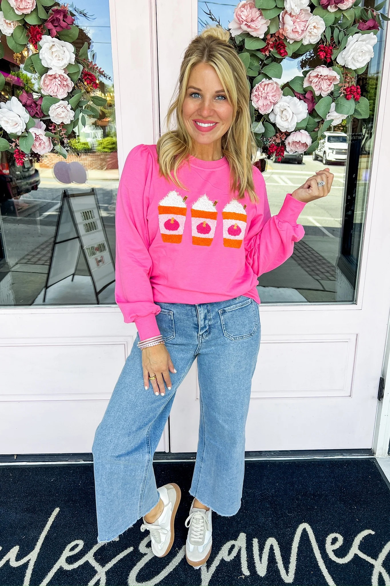 The Shelby Pumpkin Spice Latte Chenille Patch Pink Sweatshirt | Jules & James Boutique