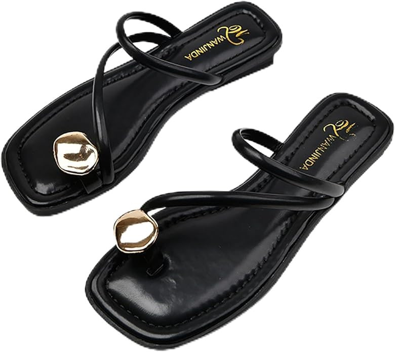 Women's leather strappy flat metal toe ring sandals fashionable square open toe low block heel sl... | Amazon (US)