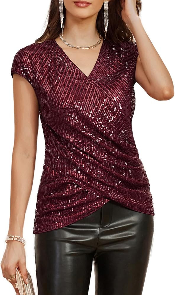 GRACE KARIN Womens Sparkle Sequin Top Shimmer Glitter Blouse Twist Front V Neck Cap Sleeve Club Part | Amazon (US)
