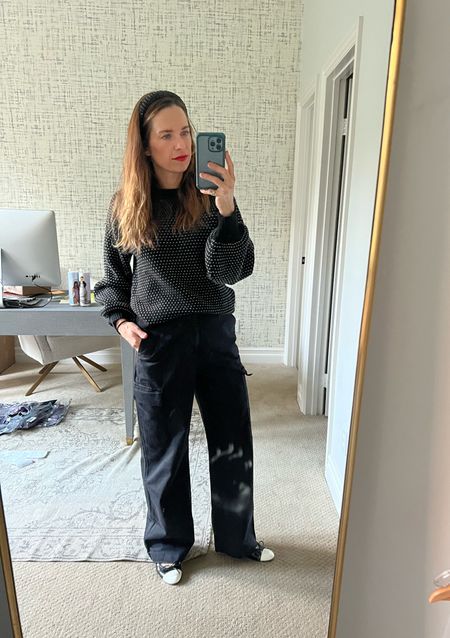 Easy holiday outfit, cozy holiday outfit, holiday party, Christmas party, office holiday party, summersalt sweater, summersalt jetsetter, loose cargo pants, wide leg cargo pants, Chanel ballerina, Chanel flats, glitter headband, mom style, over 40 style, rich, mom, style, rich Mom aesthetic, Sofia Richie style, French girl style, French girl aesthetic

#LTKmidsize #LTKover40 #LTKworkwear