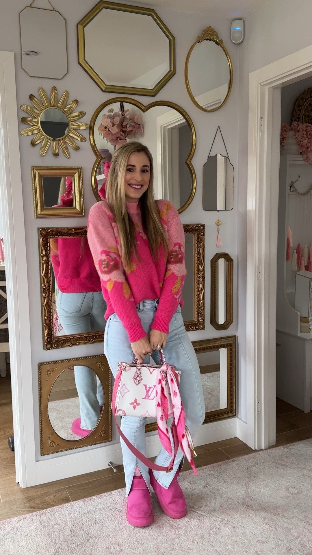 OOTD. Outfit of the day. Pink rose sweater. Spring transition. Spring outfit. SHEIN finds. Ugg ultra mini. Pink boots. Hair bow. 

#LTKSeasonal #LTKshoecrush