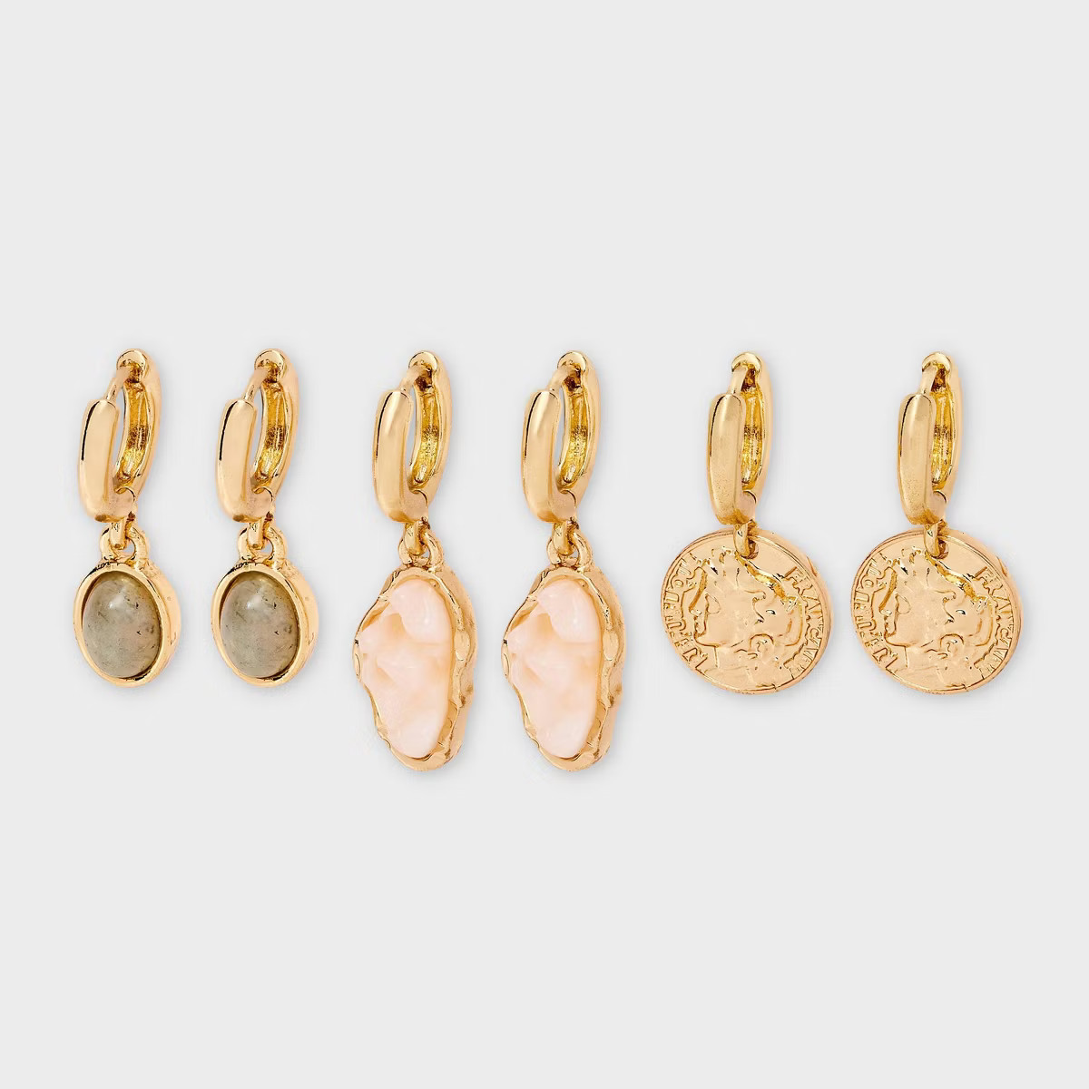 Labradorite Stone and Coin Hoop Earring Set 3pc - Universal Thread™ Gold | Target