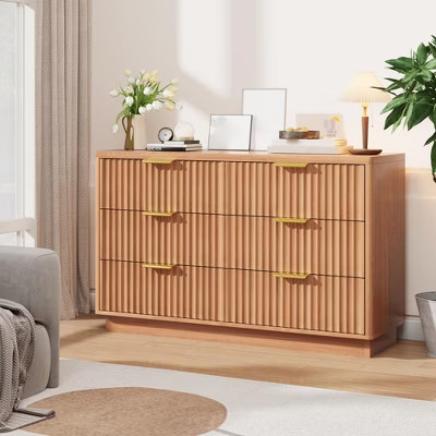 Fluted 6 Drawers Dresser for Bedroom, Mid-Century Modern Double Dresser with Metal Handles, 47.2" Wide Wooden Chest of Drawers for Living Room | Target