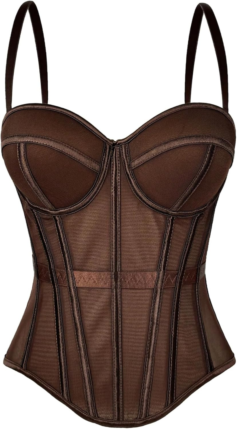 OYOANGLE Women's Bustier Corset Top See Through Mesh Boned Cami Tops | Amazon (US)