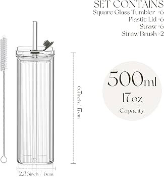 KEMORELA 6 Sets Glass Cups with Lids & Straws, Square Ribbed Drinking Glasses with Lids, Clear Hi... | Amazon (US)