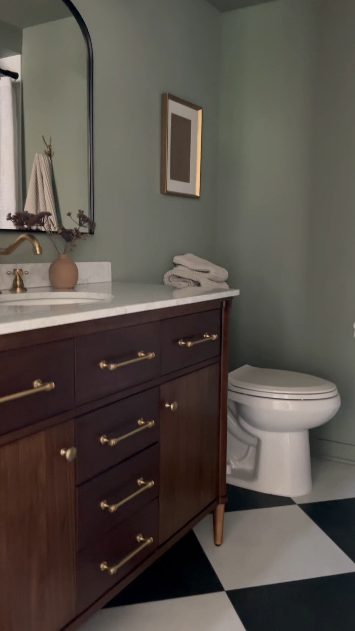 Hall bath reveal at our Bel Aire project! 

Paint color is Evergreen Fog by Sherwin Williams 

#LTKhome