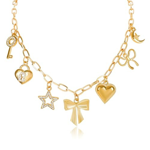 NEKOL Gold Bow Charm Necklace for Women 14K Gold Plated Bowknot Necklace with Cute Dangle Bow Tie Ribbon Cubic Zirconia Love Heart Lock Key Moon Star Pendant Adjustable Trendy Y2K Party Jewelry Gift | Amazon (US)