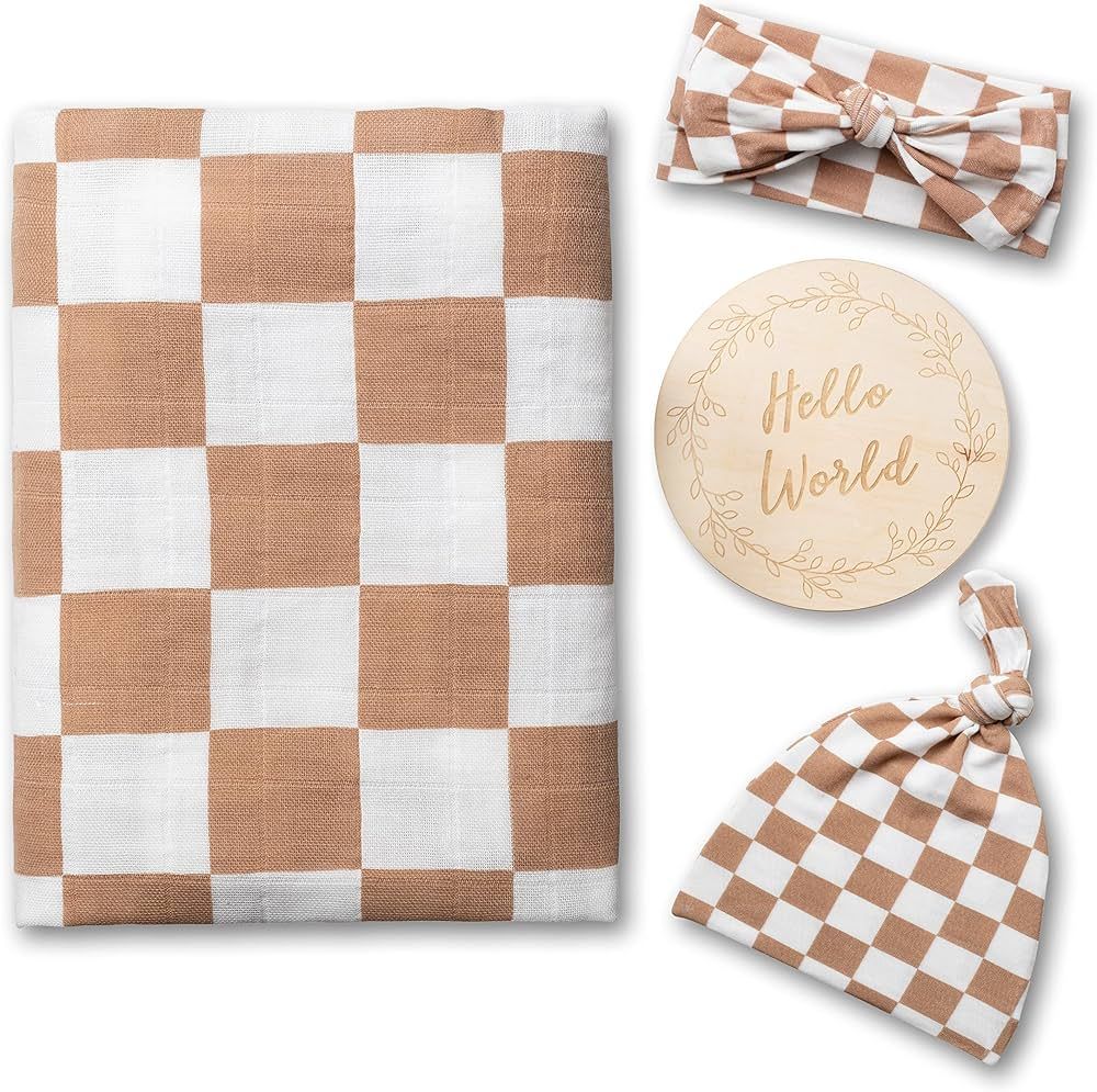 Miaoberry 100% Organic Muslin Swaddle Set| Checkered in Coffee Latte 47 * 47 with Hat,Bow and Arr... | Amazon (US)
