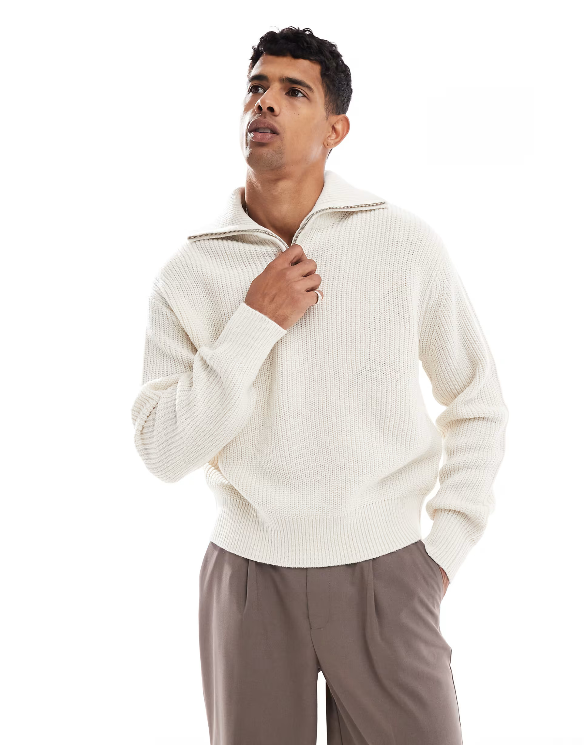 Bershka knitted 1/4 zip jumper in ecru | ASOS (Global)