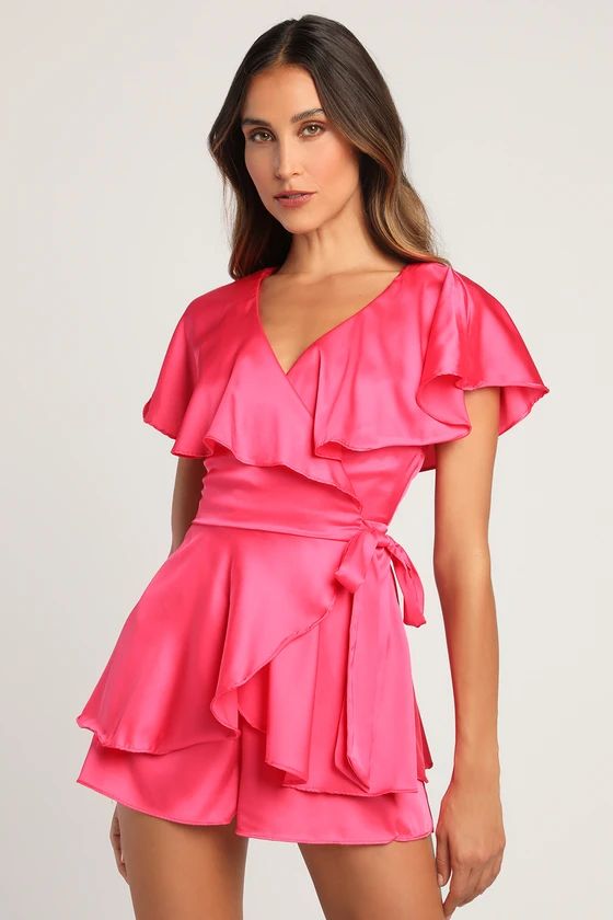 Miss Bliss Hot Pink Satin Ruffled Short Sleeve Wrap Romper | Lulus (US)