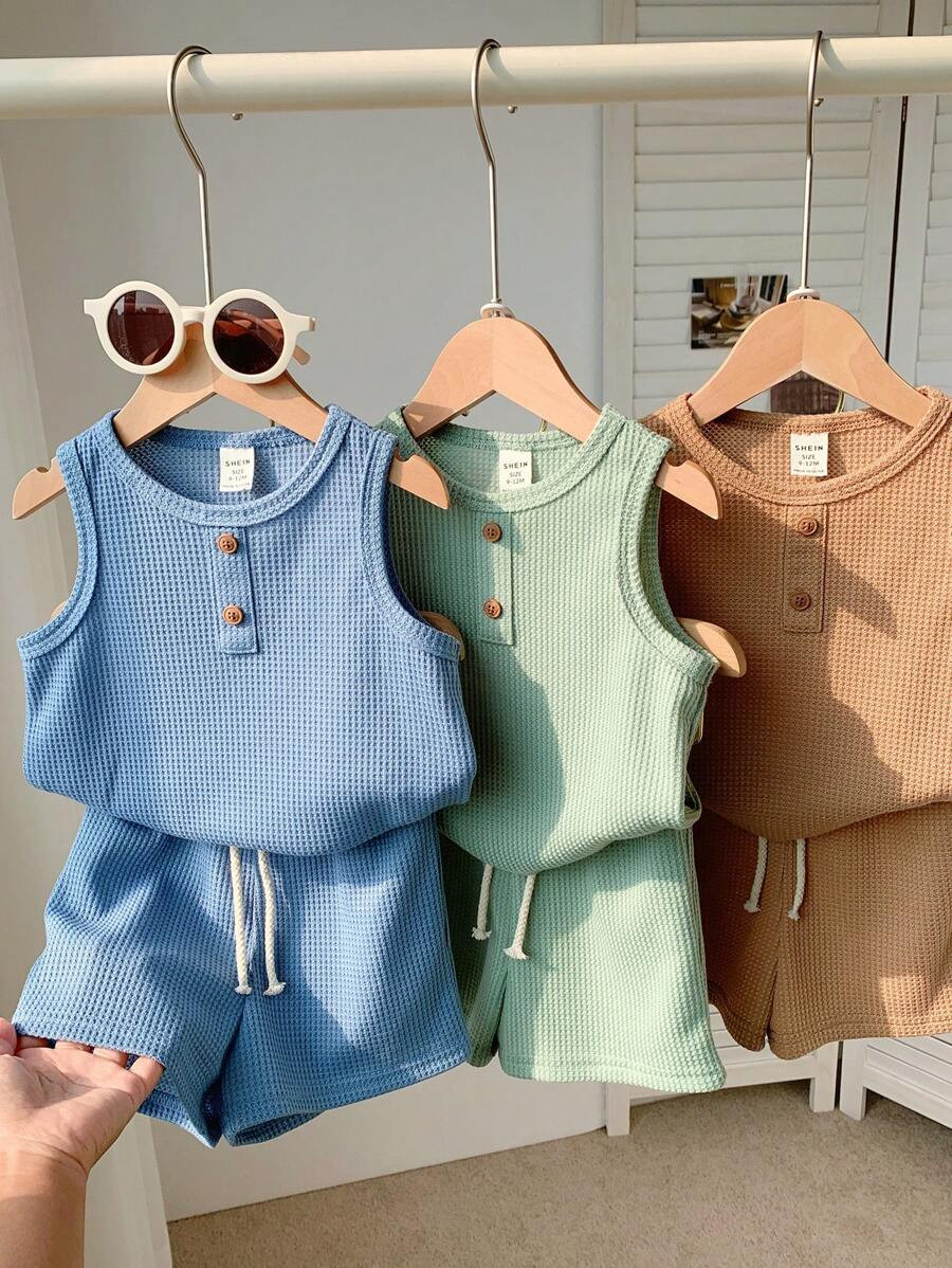 SHEIN 6pcs Set Baby Boy Cute Casual Knitted Vest & Shorts Sets, Summer Basic Multipack | SHEIN