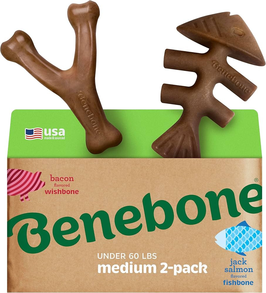 Benebone 2-pack Fishbone/Wishbone Durable Dog Chew Toys, Real Fish, Real Bacon, Made in USA, Medi... | Amazon (US)