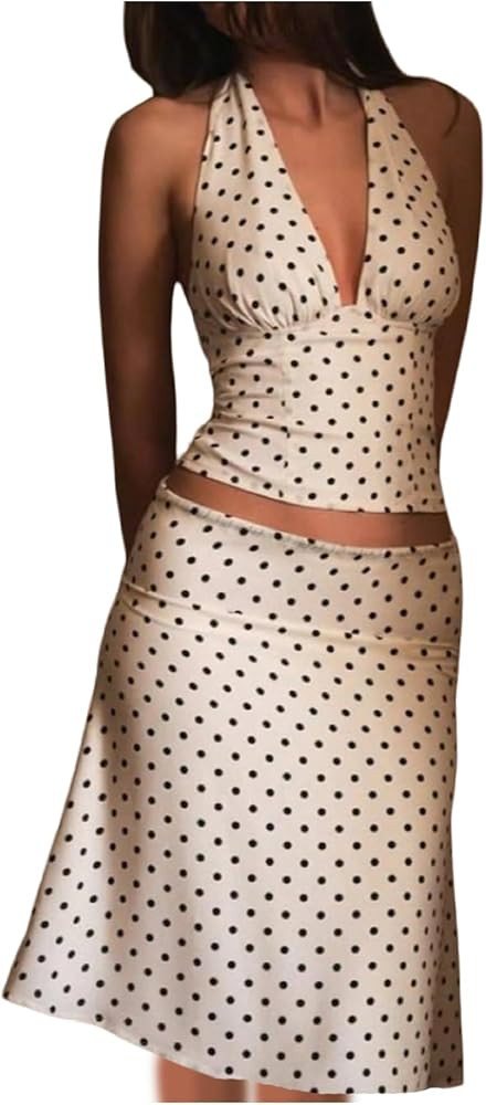 Milumia Women's 2 Piece Outfit Polka Dots Deep V Neck Halter Crop Top Midi Skirt Sets | Amazon (US)