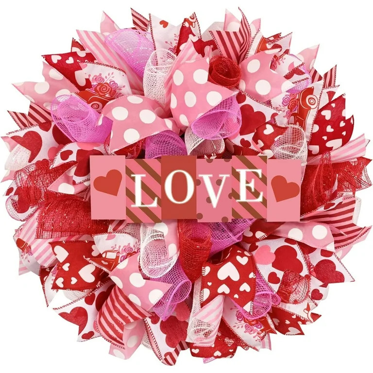 Waipfaru Valentines Day Wreath, 17 inch Round Mesh Wreath for Front Door,Valentine Wreath with Wo... | Walmart (US)